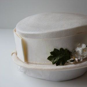 Great Cream Satin or Taffeta Vintage Hat with Flowers, Buds & Leaves